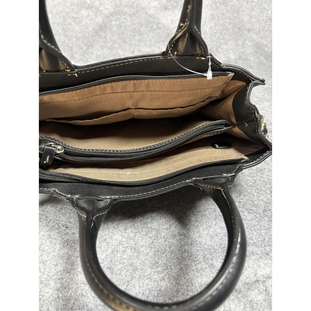 London Fog Authentic Satchel Medium Black Contrast Stitch Faux Leather Bag